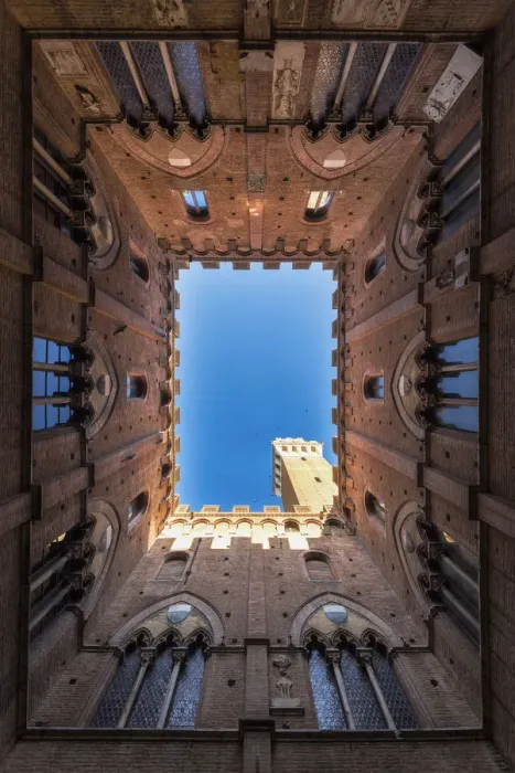 Framed Print : Siena, Tuscany, Italy, Europe. Classic bottom view of Palazzo Pubblico with Del Framed Print : Siena, Tuscany, Italy, Europe. Classic bottom view of Palazzo Pubblico with Del