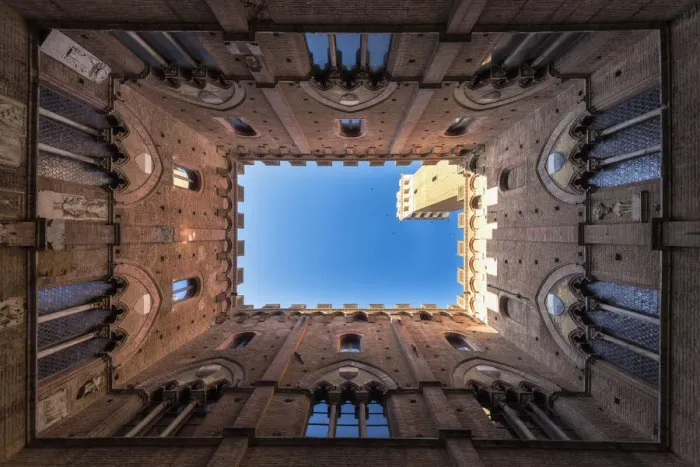 Framed Print : Siena, Tuscany, Italy, Europe. Classic bottom view of Palazzo Pubblico with Del Mangia s Framed Print : Siena, Tuscany, Italy, Europe. Classic bottom view of Palazzo Pubblico with Del Mangia s