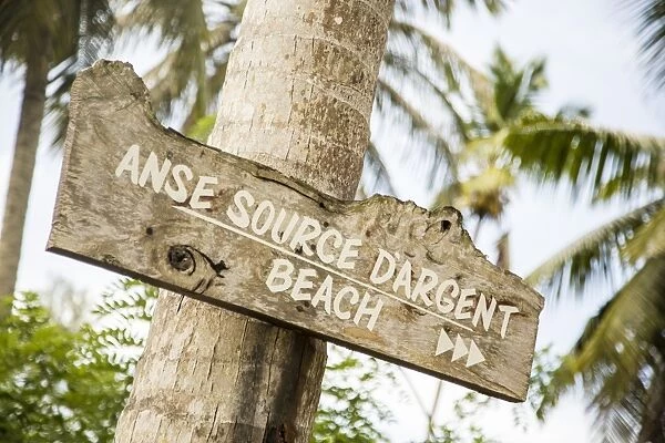 Sign to Anse Source D Argent beach, L Union Estate Plantation, La Digue, Seychelles