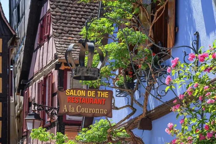Framed Print : Sign of a restaurant at Riquewihr, Haut-Rhin, Alsace, Alsace-Champagne-Ardenne-Lorraine, Grand Est, France