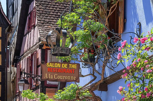 Sign of a restaurant at Riquewihr, Haut-Rhin, Alsace, Alsace-Champagne-Ardenne-Lorraine, Grand Est, France