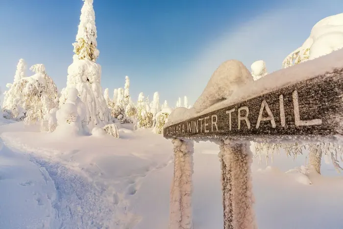 Framed Print : Signage of winter hiking trails in a snowy frozen forest at dawn, Valtavaara, Ruka, Kuusamo, Lapland, Finland Framed Print : Signage of winter hiking trails in a snowy frozen forest at dawn, Valtavaara, Ruka, Kuusamo, Lapland, Finland