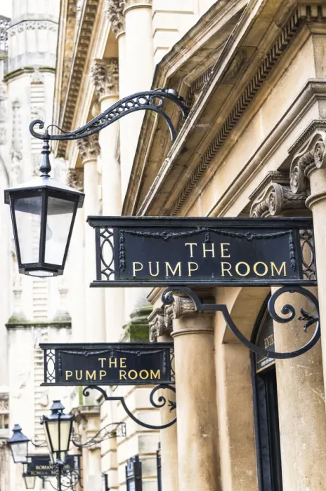Framed Print : The signs and lanterns of the Pump Room restaurant, Bath, Somerset, England