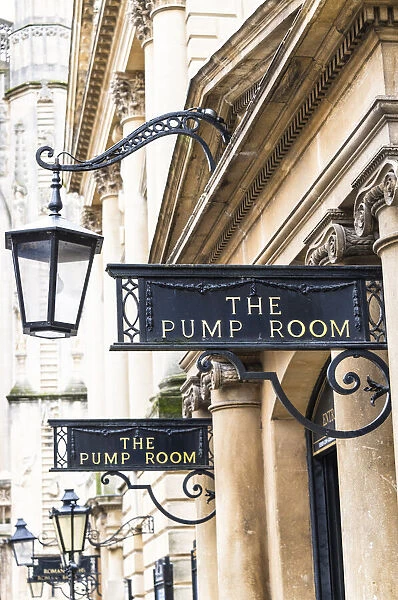 The signs and lanterns of the Pump Room restaurant, Bath, Somerset, England