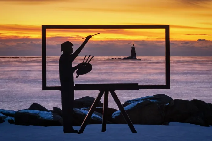 Framed Print : Silhouette art sculpture on coast in winter, New Castle, New Hampshire, USA Framed Print : Silhouette art sculpture on coast in winter, New Castle, New Hampshire, USA