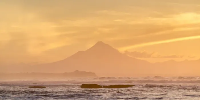 Framed Print : Silhouette of Mount Taranaki at sunset. Tongaporutu, New Plymouth district Framed Print : Silhouette of Mount Taranaki at sunset. Tongaporutu, New Plymouth district