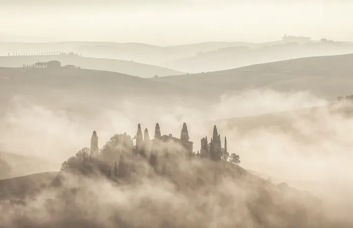 Framed Print : Silhouette of Podere Belvedere and rolling hills shrouded in mist at dawn, Val d'Orcia, San Quirico d'Orcia, Tuscany, Italy Framed Print : Silhouette of Podere Belvedere and rolling hills shrouded in mist at dawn, Val d'Orcia, San Quirico d'Orcia, Tuscany, Italy