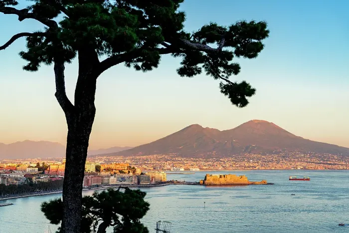 Framed Print : Silhouette of tree framing Castel Dell'Ovo fortress and Vesuvius at sunset, Belvedere di Sant'Antonio a Posillipo, Naples, Italy Framed Print : Silhouette of tree framing Castel Dell'Ovo fortress and Vesuvius at sunset, Belvedere di Sant'Antonio a Posillipo, Naples, Italy