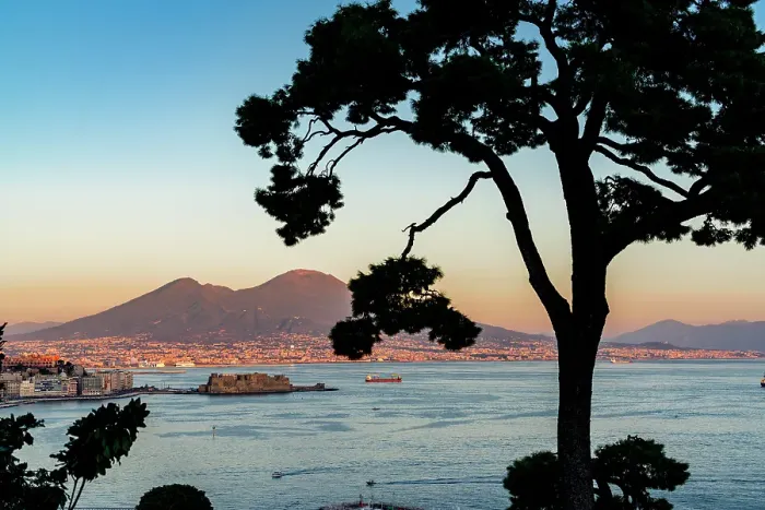Framed Print : Silhouette of tree framing Castel Dell'Ovo fortress and Vesuvius at sunset, Belvedere di Sant'Antonio a Posillipo, Naples, Italy Framed Print : Silhouette of tree framing Castel Dell'Ovo fortress and Vesuvius at sunset, Belvedere di Sant'Antonio a Posillipo, Naples, Italy