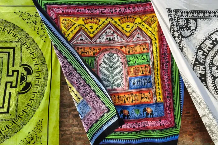 Framed Print : Silk fabrics printed by hand in the streets of Kathmandu, Nepal, Asia Framed Print : Silk fabrics printed by hand in the streets of Kathmandu, Nepal, Asia