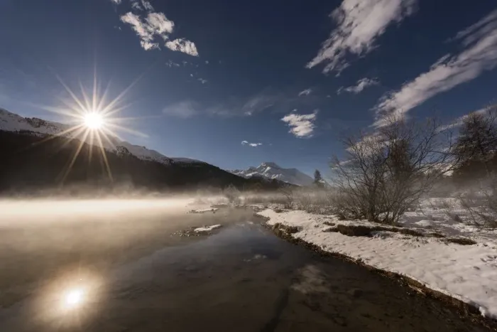 Framed Print : Silvaplana lake, St. Moritz, Switzerland The sun reflected in the lake Silvaplana