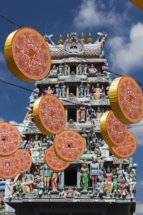 Framed Print : Singapore, Chinatown, Sri Mariamman Hindu Temple and Chinese New Year decorations Framed Print : Singapore, Chinatown, Sri Mariamman Hindu Temple and Chinese New Year decorations