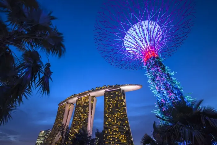 Framed Print : Singapore, Gardens By The Bay, Super Tree Grove and Marina Bay Sands Hotel, dusk Framed Print : Singapore, Gardens By The Bay, Super Tree Grove and Marina Bay Sands Hotel, dusk