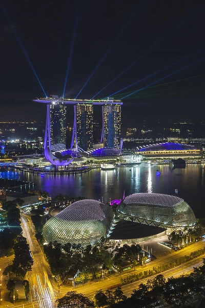 Singapore, Marina Bay Sands Hotel, elevated view with Esplanade Theaters on the Bay