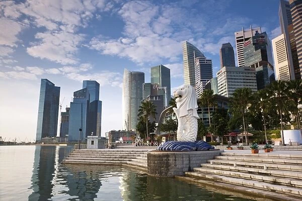 Singapore, Singapore, Marina Bay. The Merlion Statue with the city skyline in the background