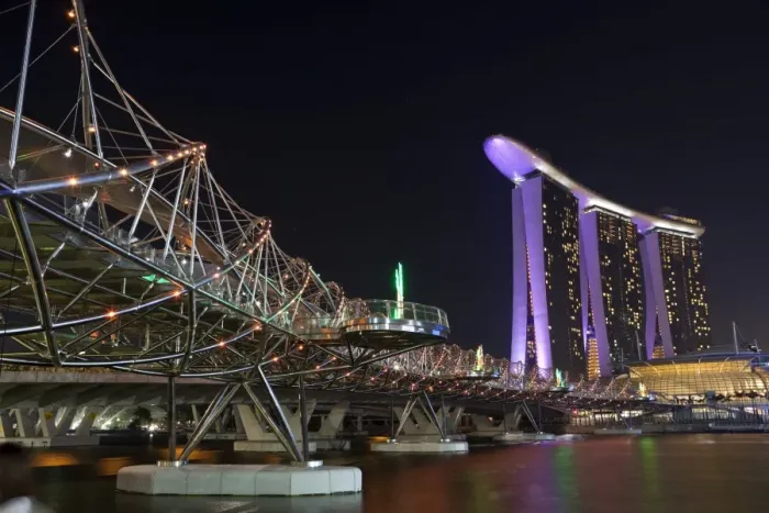Framed Print : Singapore, Singapore, Marina Bay. The Helix Bridge and Marina Bay Sands Singapore