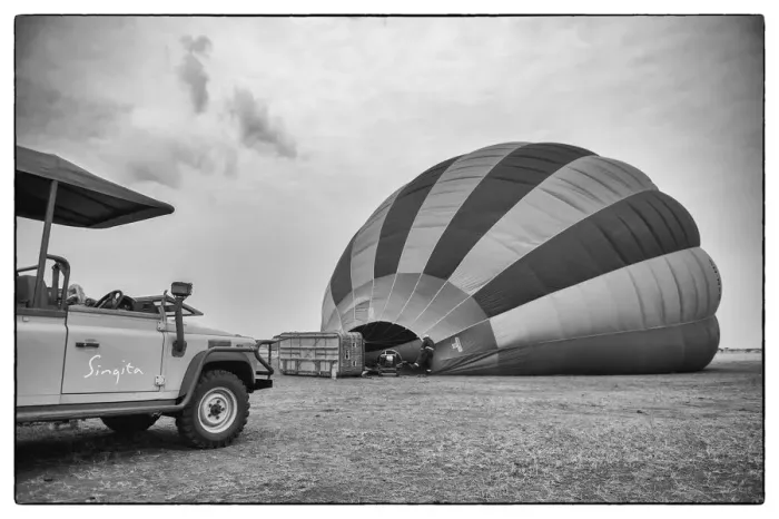 Framed Print : Singita safari car with hot air balloon in black and white, Serengeti Grumeti Reserve Framed Print : Singita safari car with hot air balloon in black and white, Serengeti Grumeti Reserve