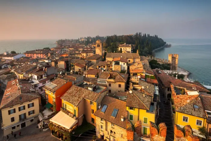 Framed Print : Sirmione seen from the Scaligero castle at sunset, Brescia province, Lombardy district Framed Print : Sirmione seen from the Scaligero castle at sunset, Brescia province, Lombardy district