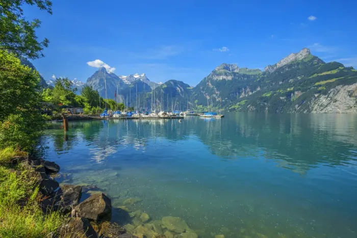 Framed Print : Sisikon sailboat harbor with Vierwaldstatter lake, Sisikon, Canton Uri, Switzerland Framed Print : Sisikon sailboat harbor with Vierwaldstatter lake, Sisikon, Canton Uri, Switzerland