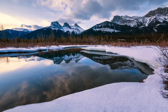 Framed Print : Three Sisters Reflecting in Bow River, Aberta, Canada Framed Print : Three Sisters Reflecting in Bow River, Aberta, Canada