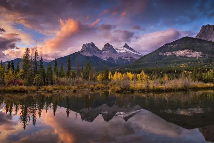 Framed Print : Three Sisters Reflecting in Bow River at Sunrise, Banff National Park, Alberta, Canada Framed Print : Three Sisters Reflecting in Bow River at Sunrise, Banff National Park, Alberta, Canada