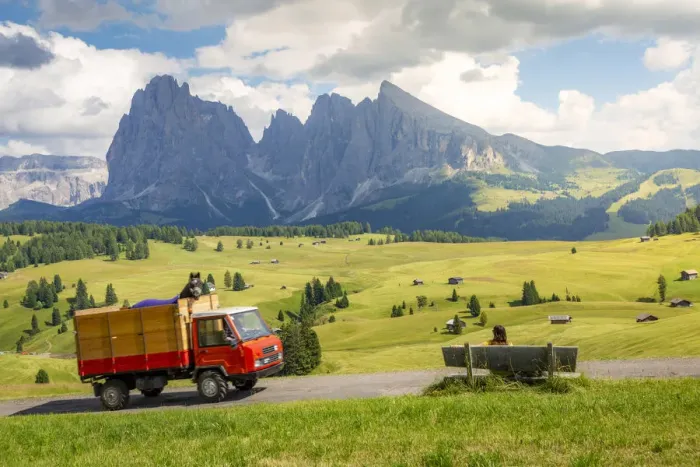 Framed Print : Siusi, Dolomites Alps, Italy. bench with tourist and horse on a truck, sunny summer day Framed Print : Siusi, Dolomites Alps, Italy. bench with tourist and horse on a truck, sunny summer day