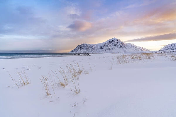 Skagsanden beach at dawn in winter. Flakstad, Nordland county, Northern Norway, Norway