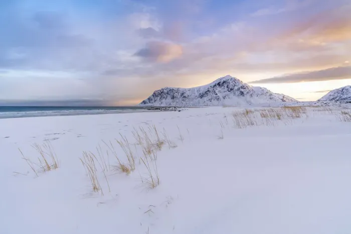 Framed Print : Skagsanden beach at dawn in winter. Flakstad, Nordland county, Northern Norway, Norway Framed Print : Skagsanden beach at dawn in winter. Flakstad, Nordland county, Northern Norway, Norway