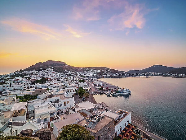 Skala Port at dusk, elevated view, Patmos Island, Dodecanese, Greece