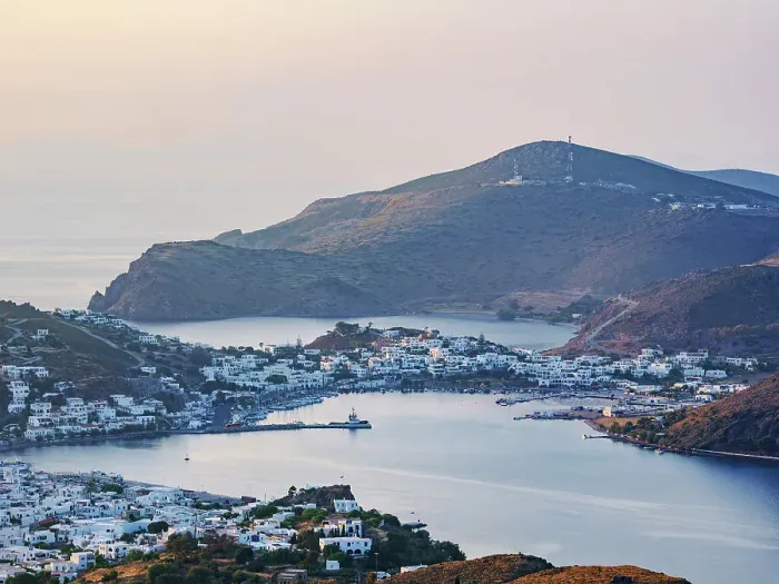 Framed Print : Skala at sunset, elevated view, Patmos Island, Dodecanese, Greece