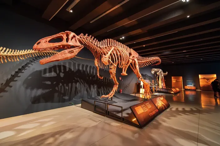 Framed Print : Skeleton of Tyrannotitan dinosaur at exhibition in CaixaForum Madrid in Paseo del Prado, Madrid, Spain