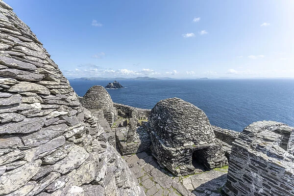 Skellig Michael (Great Skellig), Skellig islands, County Kerry, Munster province, Ireland, Europe. Monasterys architecture in a sunny day