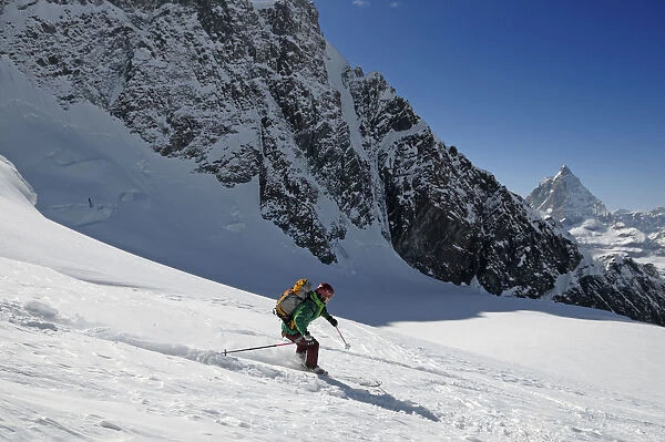 Ski descent from Schwarztor, Breithorn, Matterhorn, Zermatt, Valais, Switzerland