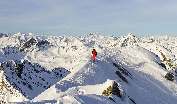 Ski mountaneer on the top of Wisshorn - Fluela pass - Switzerland