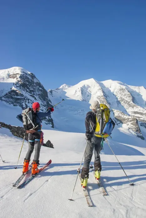 Framed Print : Ski mountaneers in the Bernina glacier looking for piz Palu. Engadina valley, Switzerland Framed Print : Ski mountaneers in the Bernina glacier looking for piz Palu. Engadina valley, Switzerland