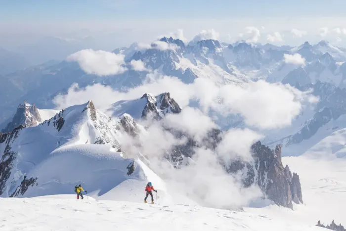 Framed Print : Ski mountaneers on the top of Mount Blanc with peaks in background Framed Print : Ski mountaneers on the top of Mount Blanc with peaks in background