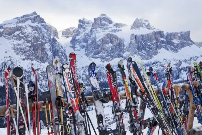 Framed Print : Ski rack outside a mountain restuarant above Colfosco village in the Sella Ronda ski area