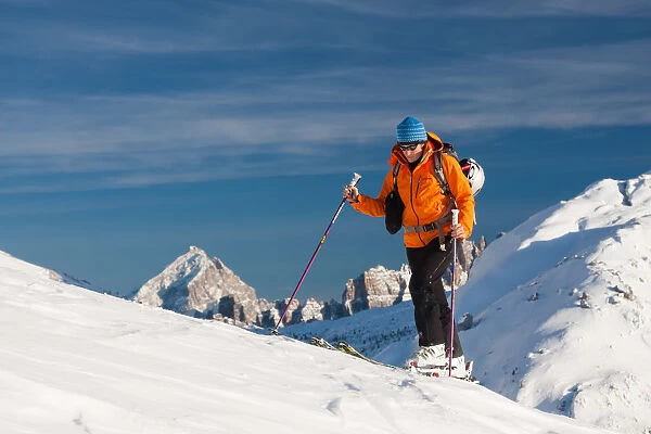 Ski touring in Valparola. Val Badia, Trentino Alto Adige, Italy, Europe