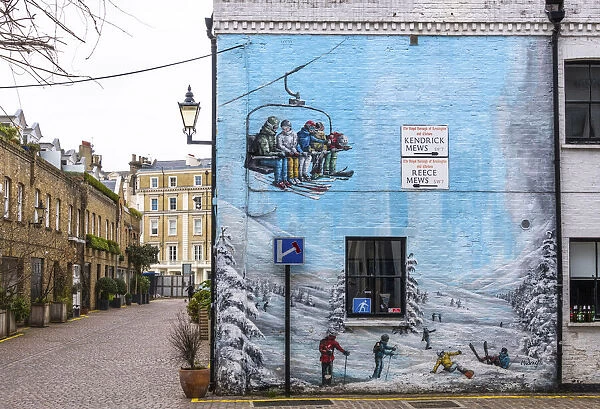 Ski wall mural in Kendrick Place, South Kensington, London, England