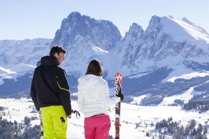 Framed Print : two skier are in front of the Langkofel Group in a beautiful sunny day, Bolzano province Framed Print : two skier are in front of the Langkofel Group in a beautiful sunny day, Bolzano province