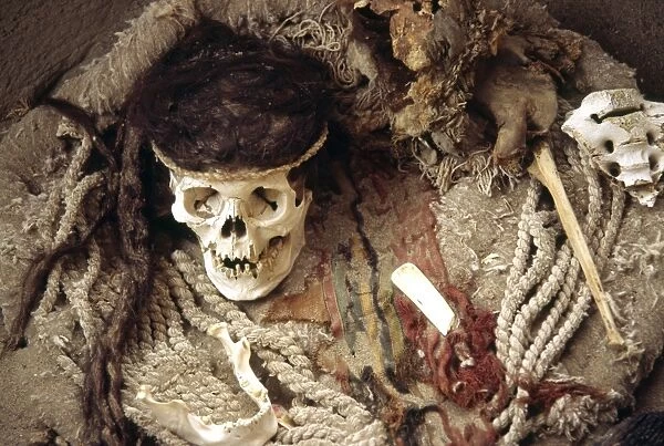 The skull of a Nazca mummy surrounded by pottery