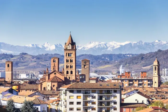 Framed Print : Skyline of Alba with Alps in the background. Village of Alba, Piedmont, Italy, Europe Framed Print : Skyline of Alba with Alps in the background. Village of Alba, Piedmont, Italy, Europe