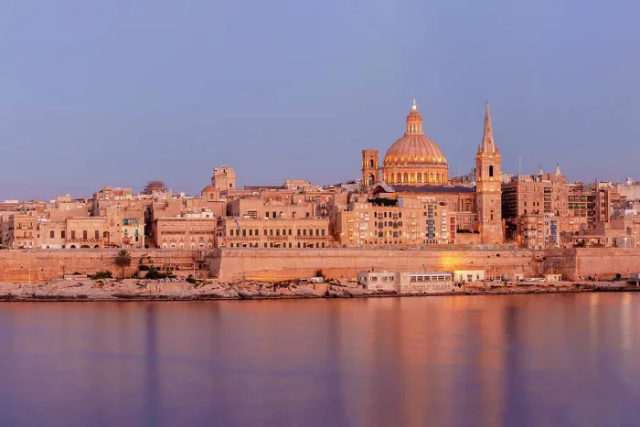 Framed Print : Skyline with Basilica of our Lady of Mount Carmel Dome and St.Pauls Anglican Cathedral Spire, Sunset Valletta, Malta Framed Print : Skyline with Basilica of our Lady of Mount Carmel Dome and St.Pauls Anglican Cathedral Spire, Sunset Valletta, Malta