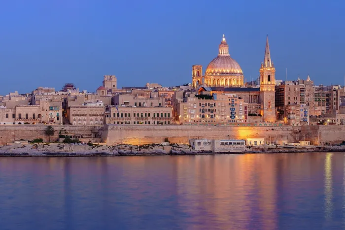 Framed Print : Skyline with Basilica of our Lady of Mount Carmel Dome and St.Pauls Anglican Cathedral Spire, Valletta, Malta