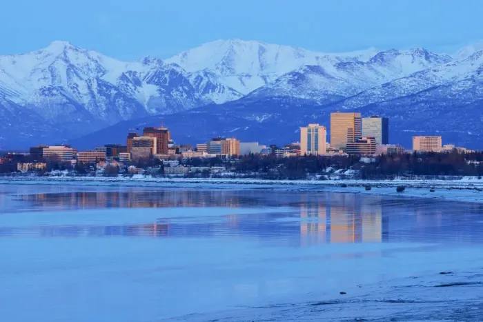 Framed Print : Skyline of the city of anchorage with Alaska, USA Framed Print : Skyline of the city of anchorage with Alaska, USA