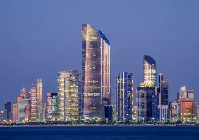 Framed Print : Skyline of the city center at twilight, Abu Dhabi, United Arab Emirates