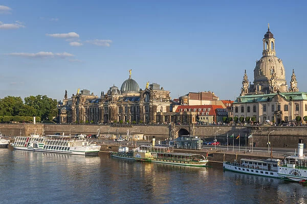 Skyline of Dresden with Bruehl's Terrace, Academy of Fine Arts, Church of Our Lady and paddle steamer on river Elbe, Dresden, Saxony, Germany