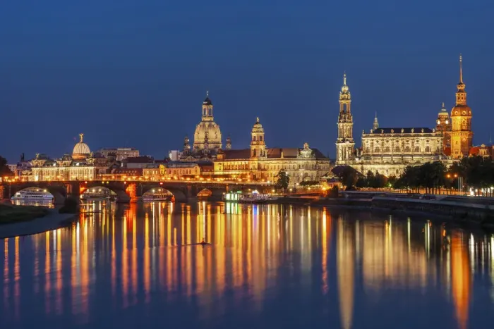 Framed Print : Skyline of Dresden at dusk with Bruehl's Terrace, Academy of Fine Arts, Church of Our Lady, Court Church and river Elbe, Dresden, Saxony, Germany Framed Print : Skyline of Dresden at dusk with Bruehl's Terrace, Academy of Fine Arts, Church of Our Lady, Court Church and river Elbe, Dresden, Saxony, Germany