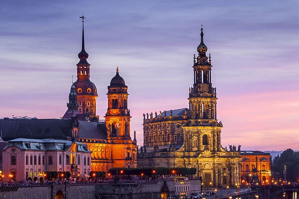 Skyline of Dresden at dusk with Bruehl's Terrace, Academy of Fine Arts, Residential palace, Court Church - Hofkirche, Dresden, Saxony, Germany