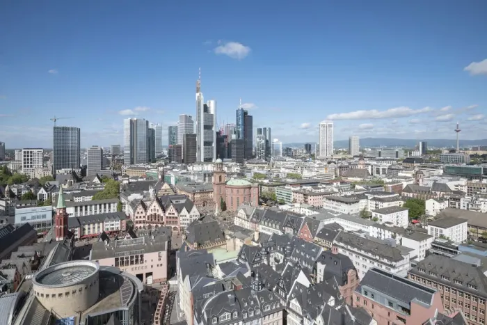 Framed Print : The skyline of Frankfurt from the cathedral of St. Bartolomeo, Germany, Europe Framed Print : The skyline of Frankfurt from the cathedral of St. Bartolomeo, Germany, Europe